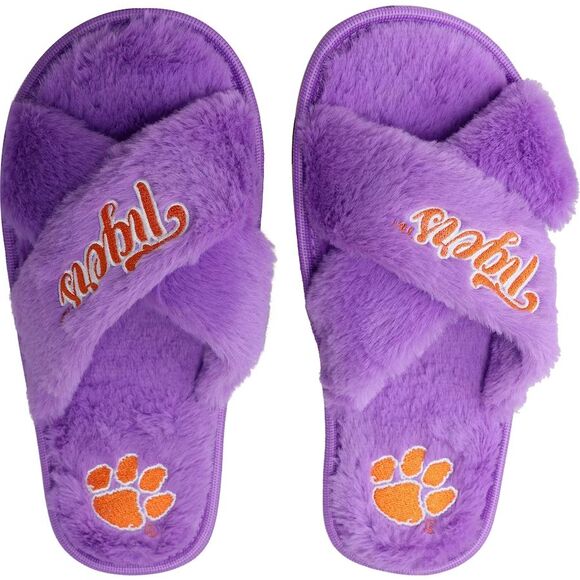Clemson Tigers Slippers Women's Size 9 XL Purple Orange Faux Fur Slide FOCO - Picture 2 of 4
